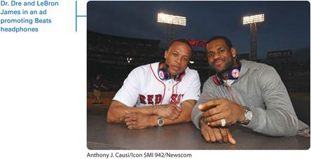 An advertisement shows Doctor Dre and LeBron James sitting together with Beats headphones hanging around their necks. The background shows a stadium with the lights burning.