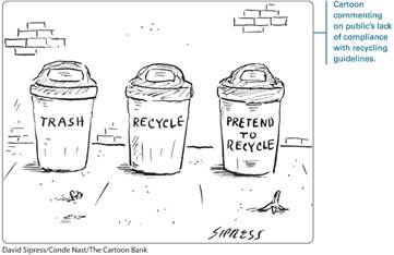 A David Sipress’s cartoon shows three trash cans placed next to each other. 
