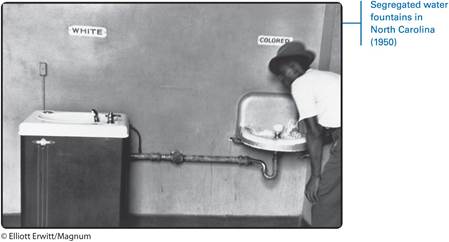 A photo shows two water fountains, one reading White and the other reading Colored. A young African American man is standing at the fountain labeled Colored. A margin note reads, Segregated water fountains in North Carolina (1950).