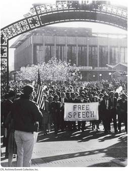 A black and white photo of the Free Speech Movement at the University of California at Berkeley.