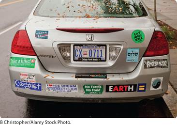 A close-up shot shows many bumper stickers on a car. Some of them are as follows: Obama 44, Eat more Kale dot com, Take a hike: The long trail family of fine ales, and No farms No food.