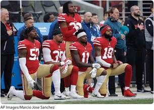 A photo shows N F L players in team jerseys kneeling for the anthem. One player and a few other team members are standing behind the kneeling players. Text below the photo reads, Football players kneeling.