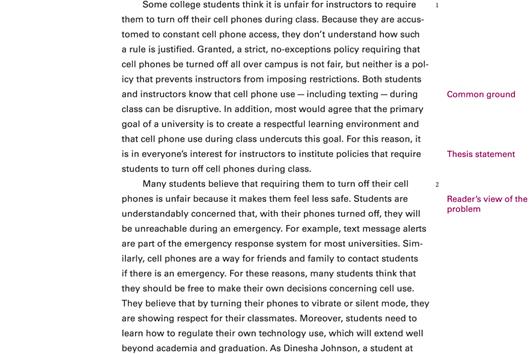 A Student’s essay, titled ’why cell phones do not belong in the classroom,’ by ZOYA KAHN, has annotations within parentheses.