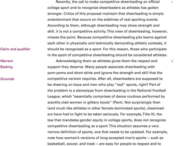 A Student’s essay, titled ’Competitive cheerleaders are athletes,’ by JEN DAVIS, has annotations within parentheses.