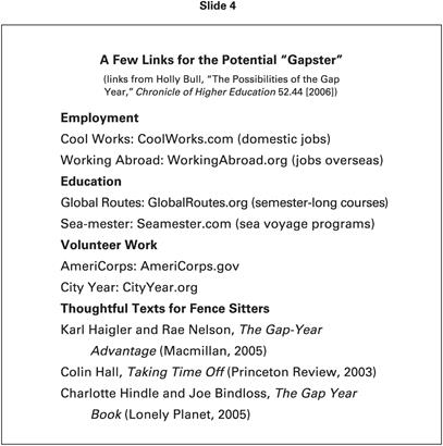 A slide with text that is titled, A few links for the potential open quotes Gapster close quotes (links from Holly Bull, open quotes The possibilities of the Gap year, close quotes Chronicle of Higher Education 52.44 [2006])