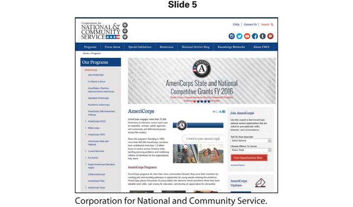 A slide numbered five shows the web page of Corporation for National and Community Service.