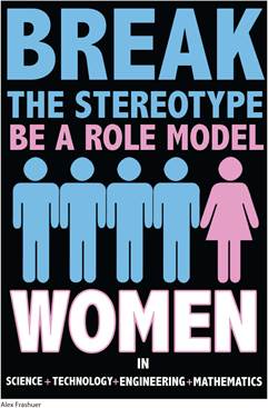 A book cover reads, Break the stereotype. Be a role model women. Five icons are placed within the text. Four of them represent men and one of them represents a woman.