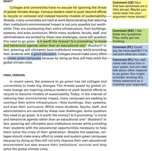 An annotated text shows the draft and final version.
