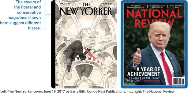 A cover page of The New Yorker and another of The National Review shows two different perspectives of President Daniel Trump.