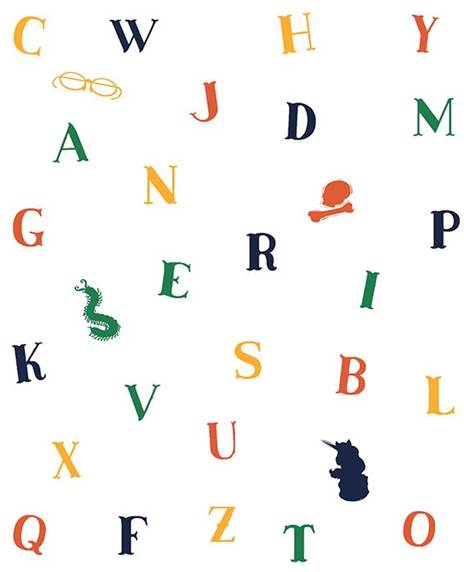 A variety of letters, a bookworm, skull and bone, chess piece, and glasses.