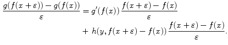 $$\begin{aligned} \frac{g(f(x+\varepsilon ))-g(f(x))}{\varepsilon }&= g'(f(x))\,\frac{f(x+\varepsilon )-f(x)}{\varepsilon }\\&+\,h(y,f(x+\varepsilon )-f(x))\,\frac{f(x+\varepsilon )-f(x)}{\varepsilon }. \end{aligned}$$