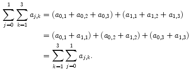 $$\begin{aligned} \sum _{j=0}^1\sum _{k=1}^{3} a_{j,k}&= (a_{0,1}+a_{0,2}+a_{0,3})+(a_{1,1}+a_{1,2}+a_{1,3})\\&= (a_{0,1}+a_{1,1})+(a_{0,2}+a_{1,2})+(a_{0,3}+a_{1,3})\\&= \sum _{k=1}^3\sum _{j=0}^{1} a_{j,k}. \end{aligned}$$