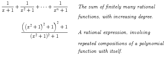 $$\begin{aligned} \frac{1}{x+1}+\frac{1}{x^2+1}+\cdots +\frac{1}{x^n+1}&\qquad {\textit{The sum of finitely many rational}} \\&\qquad {\textit{functions, with increasing degree.}}\\ \frac{\left( \left( x^2+1\right) ^2+1\right) ^2+1}{(x^2+1)^2+1}&\qquad {\textit{A rational expression, involving}} \\&\qquad {\textit{repeated compositions of a polynomial}}\\&\qquad {\textit{function with itself.}} \end{aligned}$$
