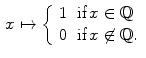 $$\begin{aligned} x \mapsto {\left\{ \begin{array}{ll}1 &{} {\text {if}}\, x\in \mathbb {Q}\\ 0 &{} {\text {if}}\, x\not \in \mathbb {Q}.\\ \end{array}\right. } \end{aligned}$$
