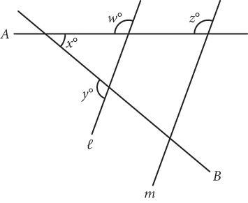 The same image as the previous one, with one angle measure added above horizontal line A, formed by the intersection of Lines A and L. The angle has a measure of W degrees. This angle corresponds to the angle with measure Z degrees where Lines A and M intersect.