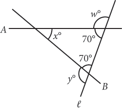 An enlarged section of the previous image, showing the small triangle formed by lines A, B, and L. The interior angles are labeled X degrees, 70 degrees, and 70 degrees. One exterior angle is labeled Y degrees and it forms a straight angle with one of the 70 degree angles. A second exterior angle is labeled W degrees and it forms a straight angle with the other 70 degree angle.