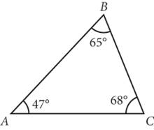 Triangle A B C. Angle A is labeled 47 degrees, angle B is labeled 65 degrees, and angle C is labeled 68 degrees.
