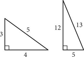 A right triangle with leg lengths three and four and hypotenuse length five. A second right triangle with leg lengths five and 12 and hypotenuse length 13.