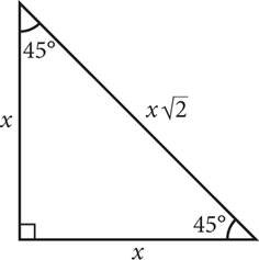A right triangle with angles that measure 45 degrees, 45 degrees, and 90 degrees. The side opposite each 45 degree angle has length X. The side opposite the 90 degree angle has length X times the square root of 2.