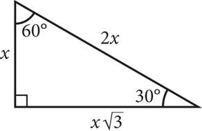 A right triangle with angles that measure 30 degrees, 60 degrees, and 90 degrees. The side opposite the 30 degree angle has length X. The side opposite the 60 degree angle has length X times the square root of 3. The side opposite the 90 degree angle has length 2 X.