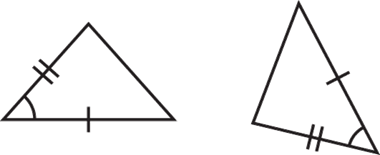 Two congruent triangles. One side of each triangle is marked with one tick mark, and a second side of each triangle is marked with two ticks mark. The angle between these two sides on each triangle is marked with one arc.