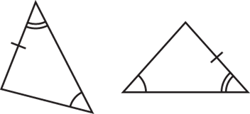 Two congruent triangles. One side of each triangle is marked with one tick mark, and a second side of each triangle is marked with two ticks mark. The angle opposite the side with one tick mark on each triangle is marked with one arc.