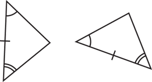Two congruent triangles. One angle of each triangle is marked with one arc, and a second angle of each triangle is marked with two arcs. The side between these two angles on each triangle is marked with one tick mark.