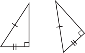Two congruent right triangles. The hypotenuse of each triangle is marked with one tick mark, and the shorter leg of each triangle is marked with two tick marks. The right angle of each triangle is marked with a small square.
