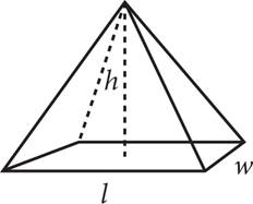 A pyramid with a square base and four triangular sides. The edges of the base are labeled L and W, and the height of the pyramid is labeled H.