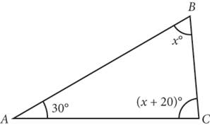 Non-right triangle A B C with angle measures as follows: angle A B C equals X degrees; angle A C B equals X plus 20 degrees; and angle B A C equals 30 degrees.