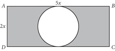 Rectangle A B C D with an inscribed circle cut out of the center. The length of the rectangle is 5 X and the width of the rectangle is 2 X. The diameter of the inscribed circle is equal to the width of the rectangle. 