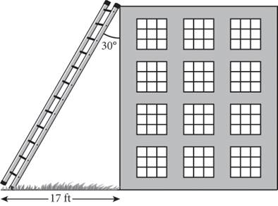 A ladder leaning diagonally against a building. The ladder, one side of the building, and the ground form a right triangle. The leg of the triangle that represents the ground has length 17 feet. The angle across from this leg, where the top of the ladder meets the roof of the building, measures 30 degrees.
