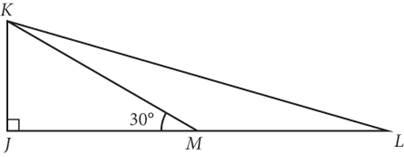 Large right triangle J K L with smaller right triangle J K M drawn inside. Point M is between points J and L. Angle J is the right angle for both triangles. One angle of triangle J K M has measure 30 degrees. Side J K is across from this 30-degree angle. There are no other measures given for either triangle.