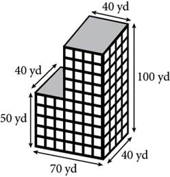 A building that is composed of two rectangular prisms. The shorter prism on the left has height 50 yards and width 40 yards. The taller prism on the right has height 100 yards, width 40 yards, and length 40 yards. The length along the front of the whole building, which includes both prisms is 70 yards.