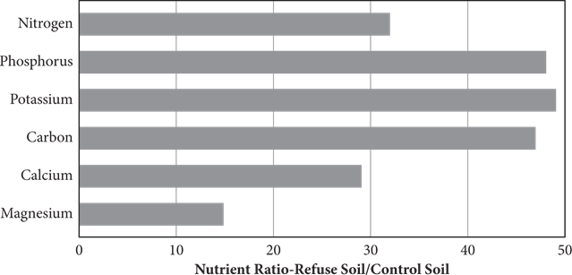 A bar graph with nutrient ratio on the x axis and different substances on the y axis. Nitrogen has a height of about 32, Phosphorus a height of about 48, Potassium a height of about 49, Carbon a height of about 46, Calcium a height of about 29, and Magnesium a height of about 15.